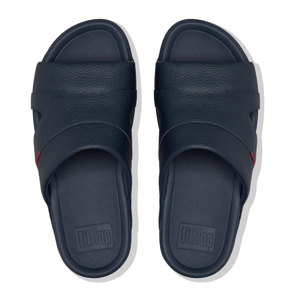 Fitflop Mens Slides Navy - Freeway Leather Pool - 06HBVMGLC